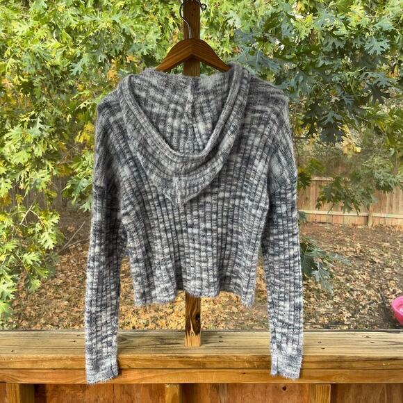 So Women's Blue Grey Spacedye Hooded Cropped Sweater Size M. NEW - Picture 2 of 9